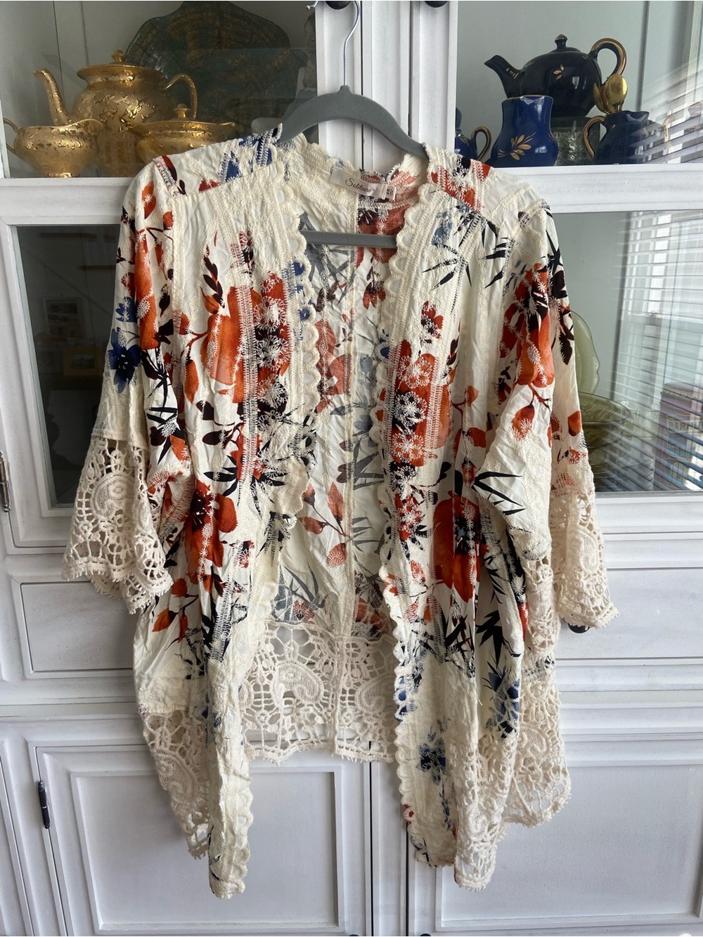 Solitaire Cream Kimono with Orange and Navy Floral Accents